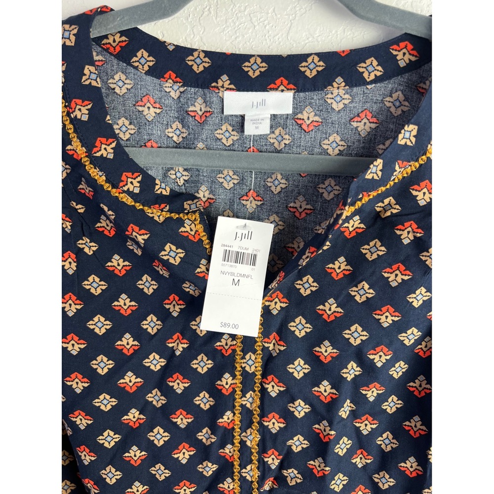 J.Jill Geometric Print Split Neck Blouse Size Medium Navy Yellow Boho Careerwear - Picture 2 of 9